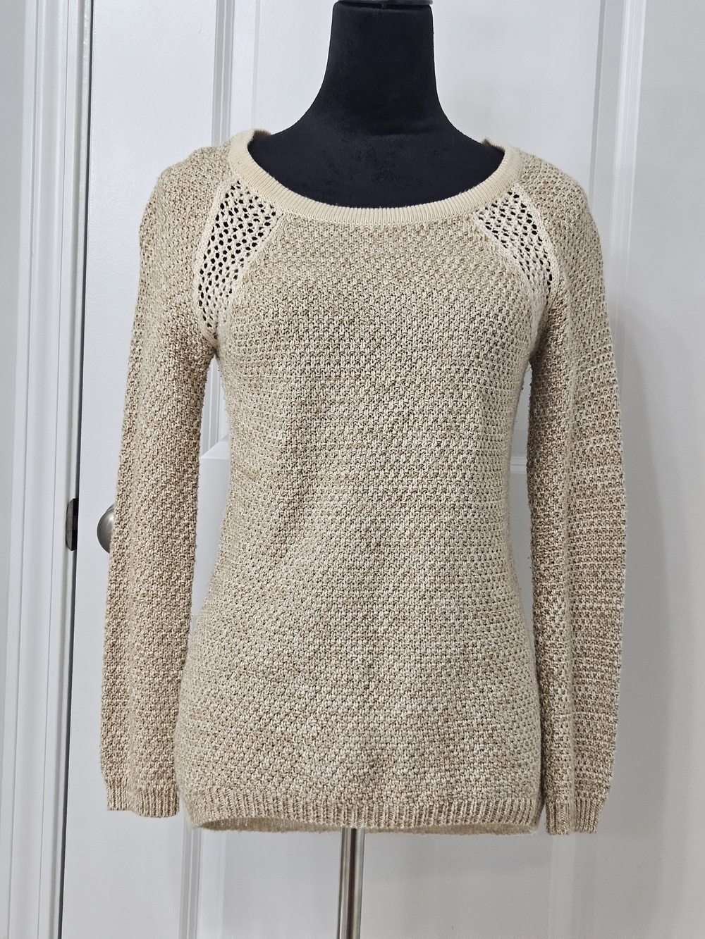 Pink Rose Beige Open-Stitch Crewneck Sweater